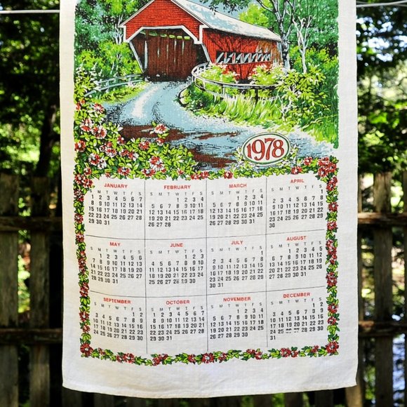 Vintage 1978 Red Covered Bridge in Spring/Summer w/ Flowers Calendar Tea Towel - Picture 3 of 8
